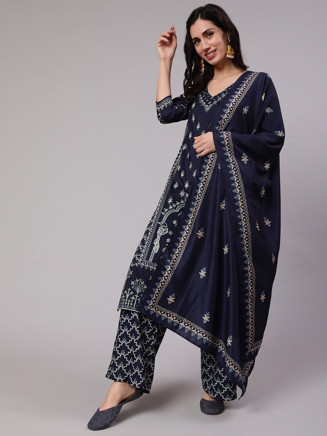 Women's Navy Blue Digital Printed Kurta & Palazzo With Dupatta Set - Aks