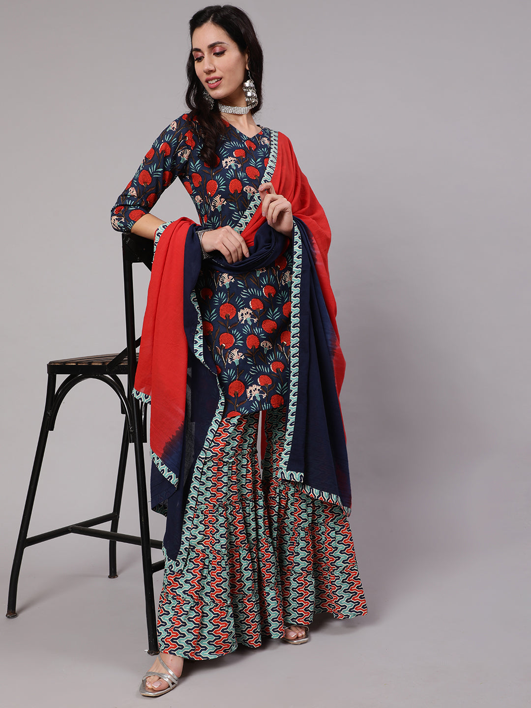 Women's Blue & Red Floral Printed Kurta Straight & Sharara With Dupatta Set - Aks