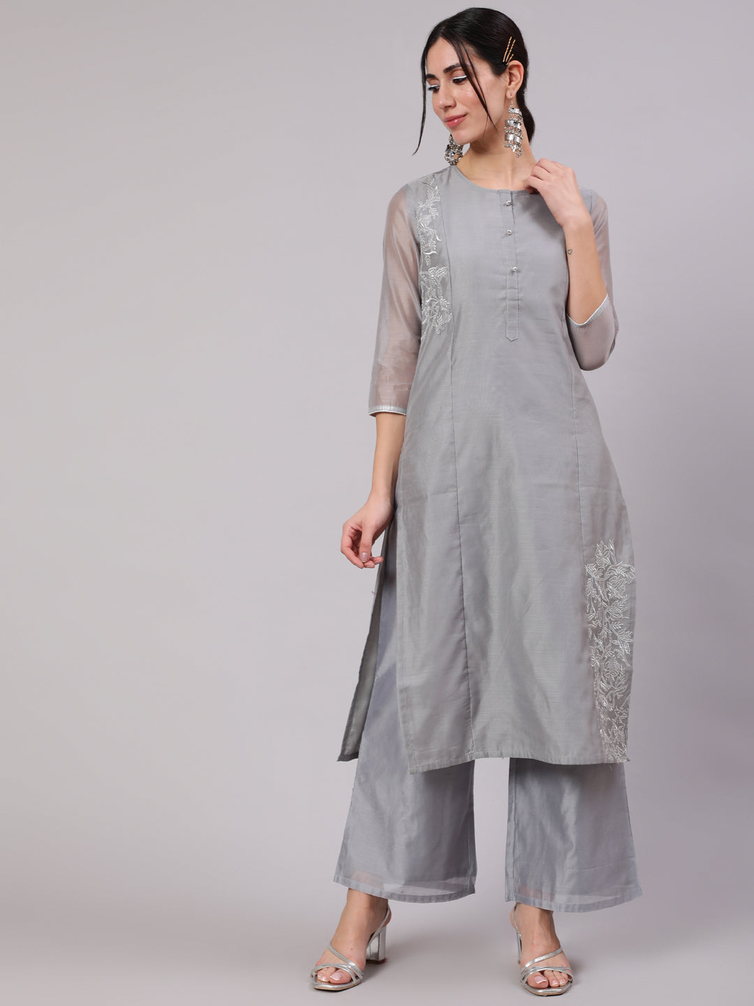 Women's Grey & Silver Zari Embroidered Straight Kurta With Palazzo Set - Aks