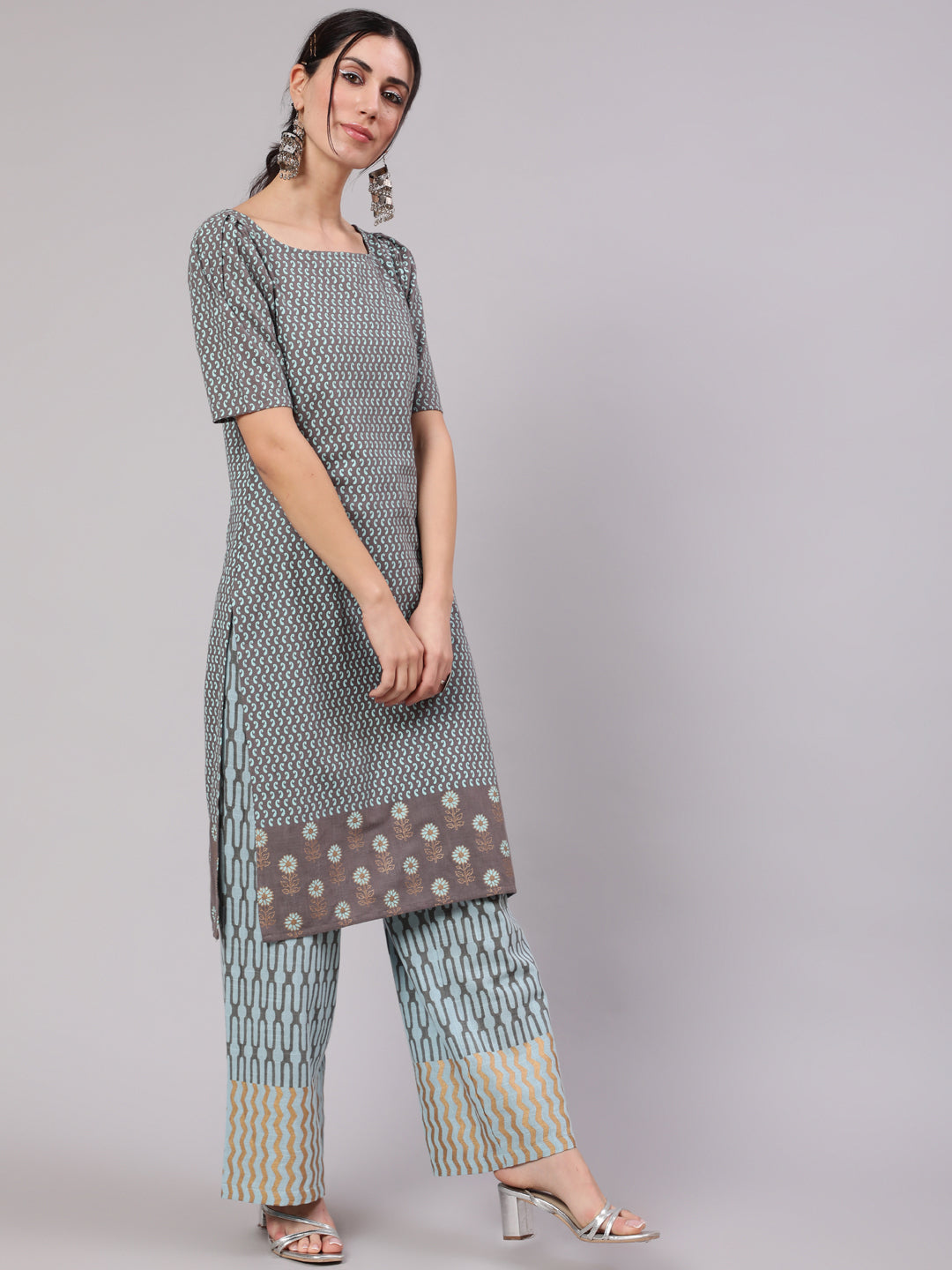 Women's Grey & Blue Printed Straight Kurta With Palazzo Set - Aks