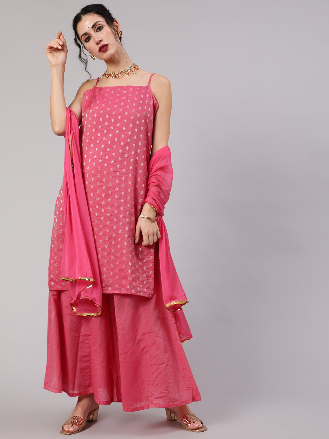 Women's Pink Gold Zari Work Woven Design Kurta & Flared Palazzo With Dupatta Set  - Aks