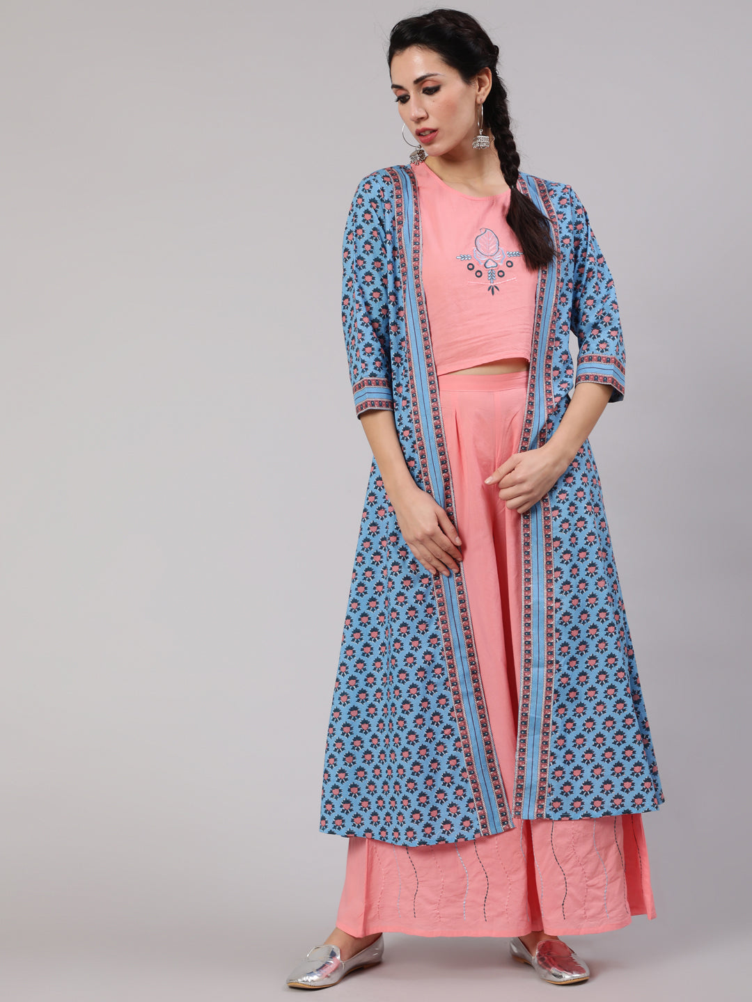 Women's Blue & Pink Solid Top & Flared Palazzo With Printed Jacket Set - Aks