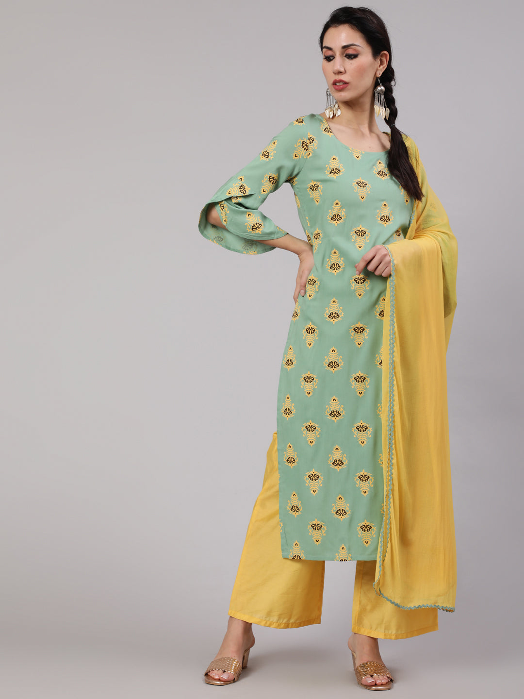 Women's Green & Yellow Printed Straight Kurta & Palazzo With Dupatta Set - Aks