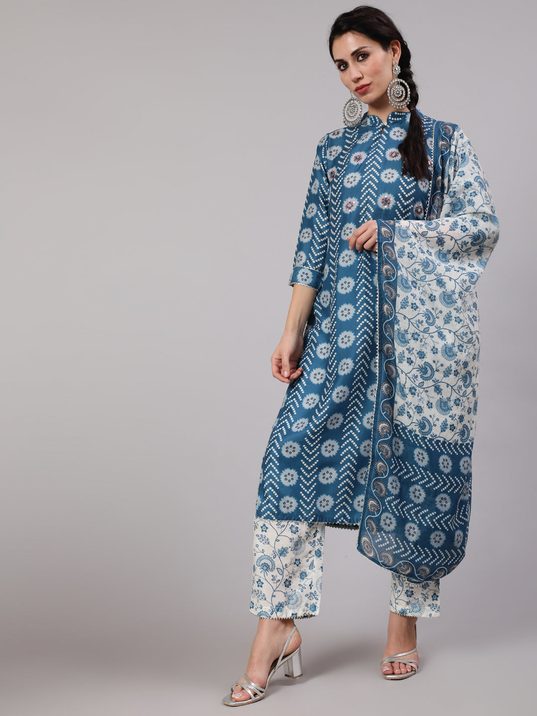 Women's Blue & White Floral Printed Kurta & Pant With Dupatta Set - Aks