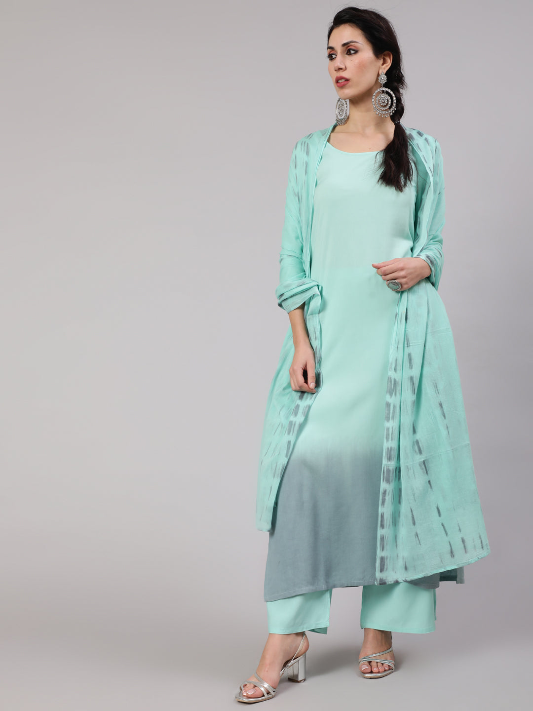 Women's Green & Grey Ombre Printed Straight Kurta & Palazzo With Dupatta Set - Aks