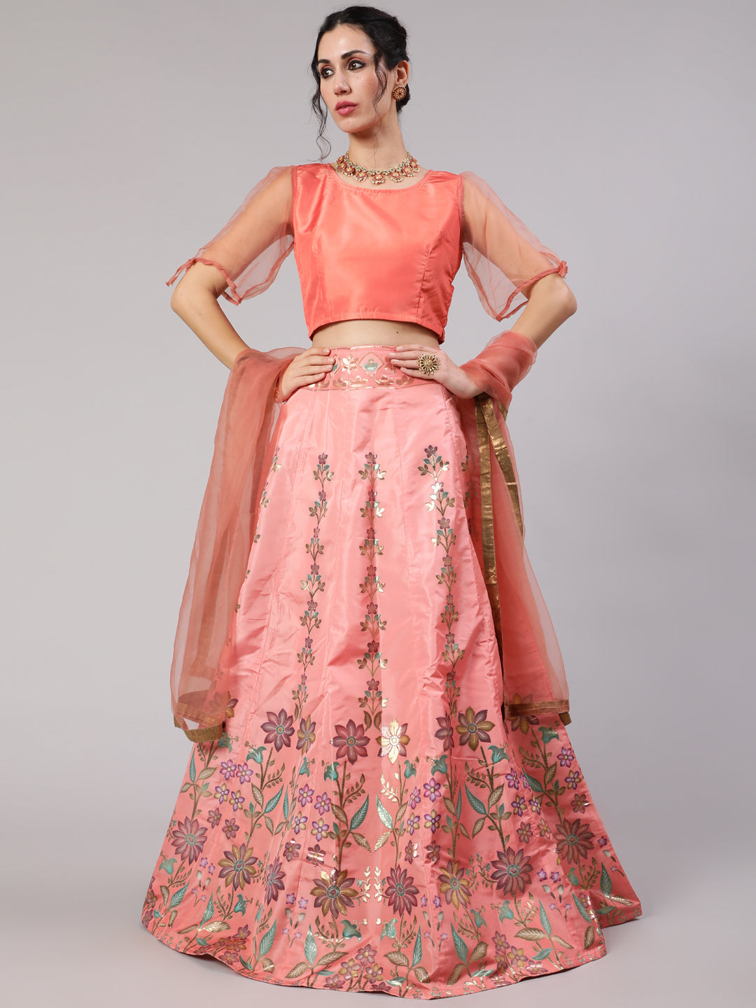 Women's Peach Gold Zari Work Lehenga Choli With Organza Dupatta Set - Aks