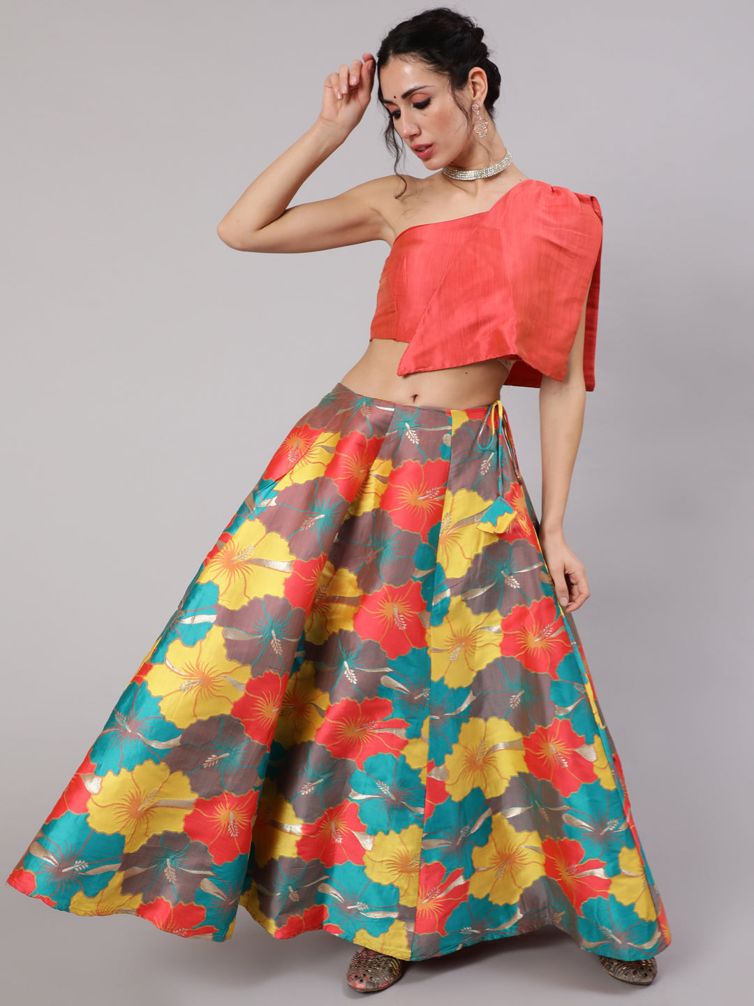 Women's Red & Yellow Woven Design Lehenga With Blouse  - Aks