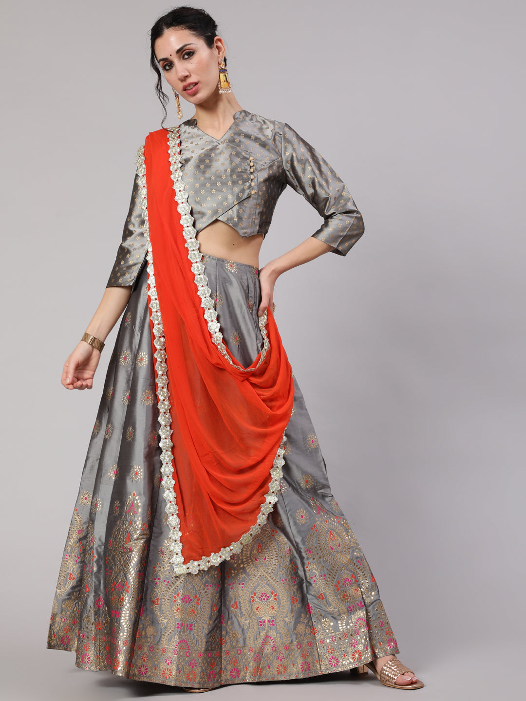 Women's Grey Gold Zari Work Lehenga Choli With Dupatta Set - Aks