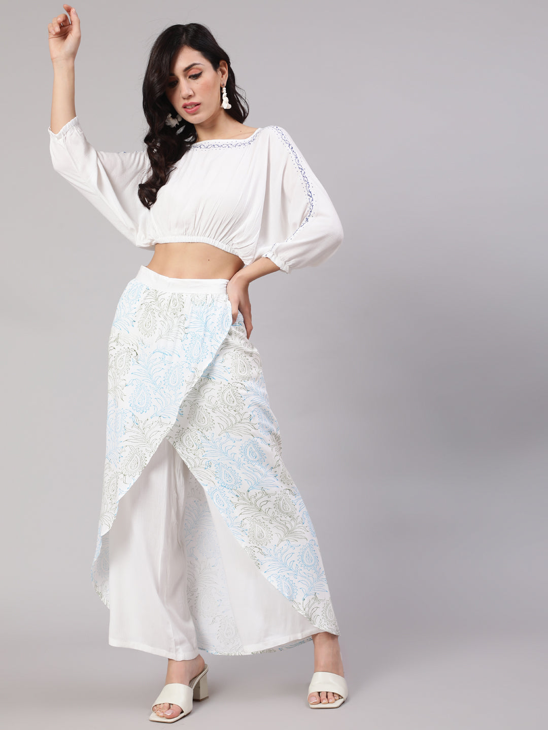 Women's White Hand Block Printed Crop Top With Overlap Skirt Set - Aks