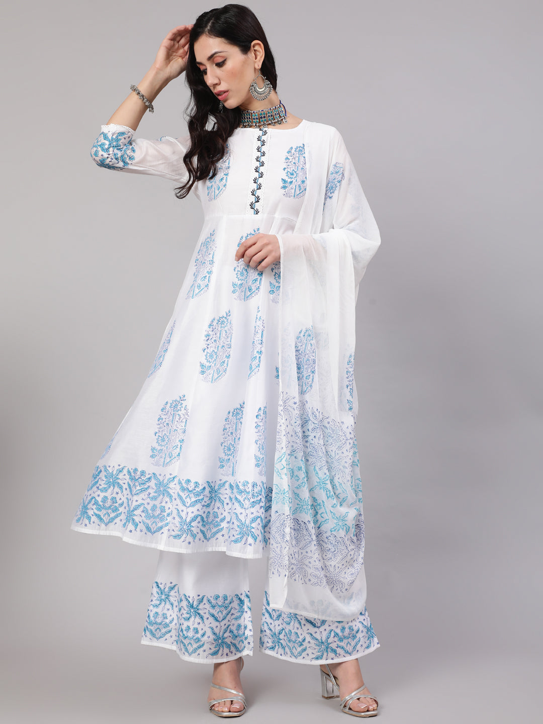 Women's White & Blue Hand Block Printed Anarkali & Palazzo With Dupatta Set - Aks