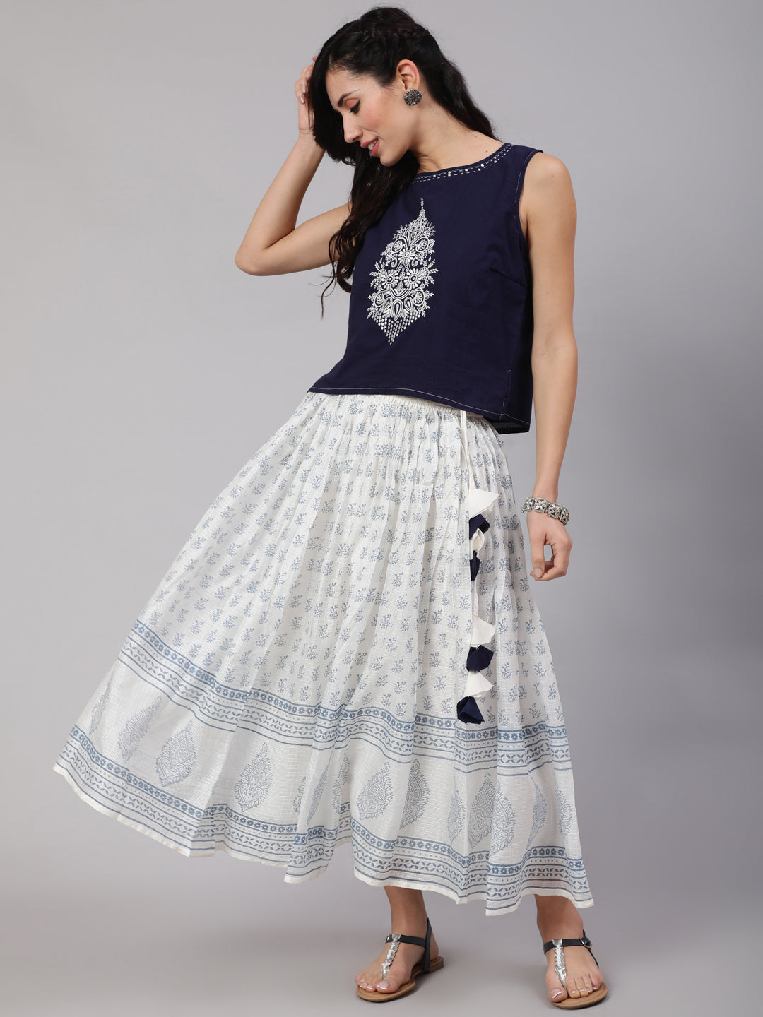 Women's White & Navy Embroidered Top With Hand Blue Block Printed Skirt Set - Aks