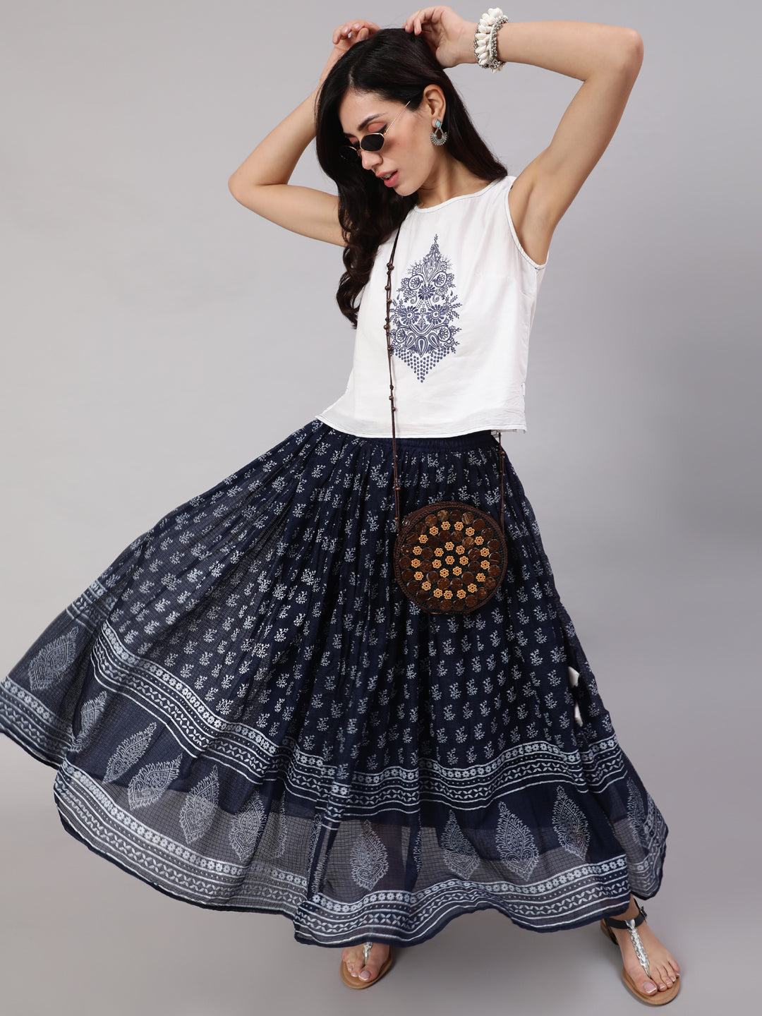 Women's Navy Blue & White Embroidered  Top With Hand  Block Printed Skirt Set - Aks