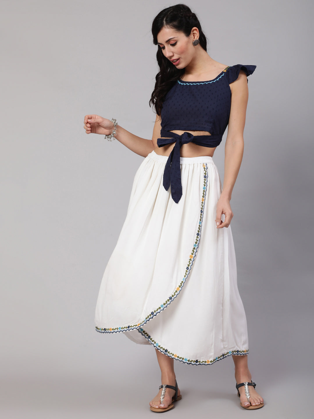 Women's White & Blue Embroidered Top With Skirt Set - Aks