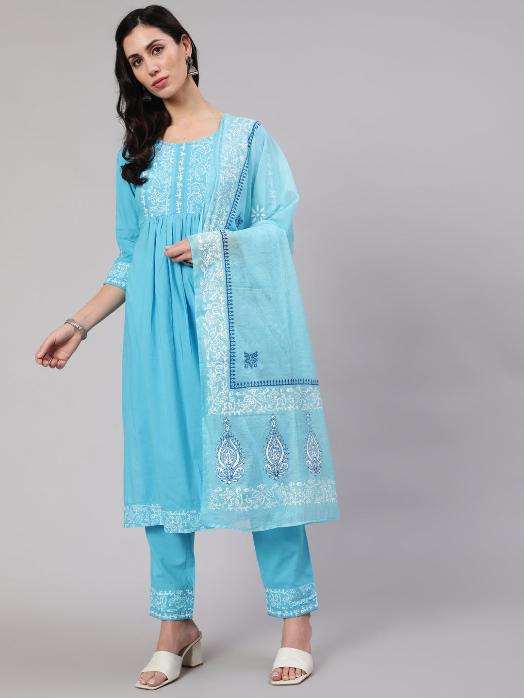 Women's Turquoise Blue Hand Block Printed Kurta & Pant With Dupatta Set - Aks