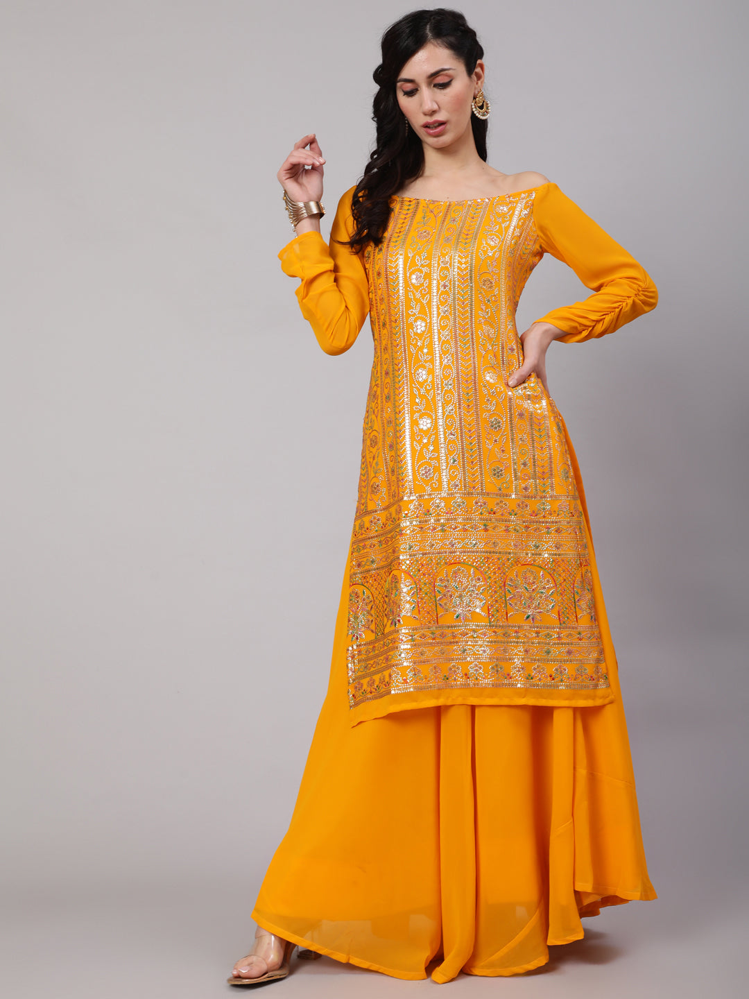 Women's Yellow Sequence Work Kurta With Solid Flared Skirt  - Aks