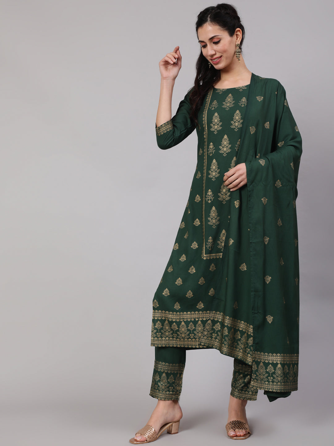 Women's Green Gold Printed Kurta & Pant With Dupatta - Aks