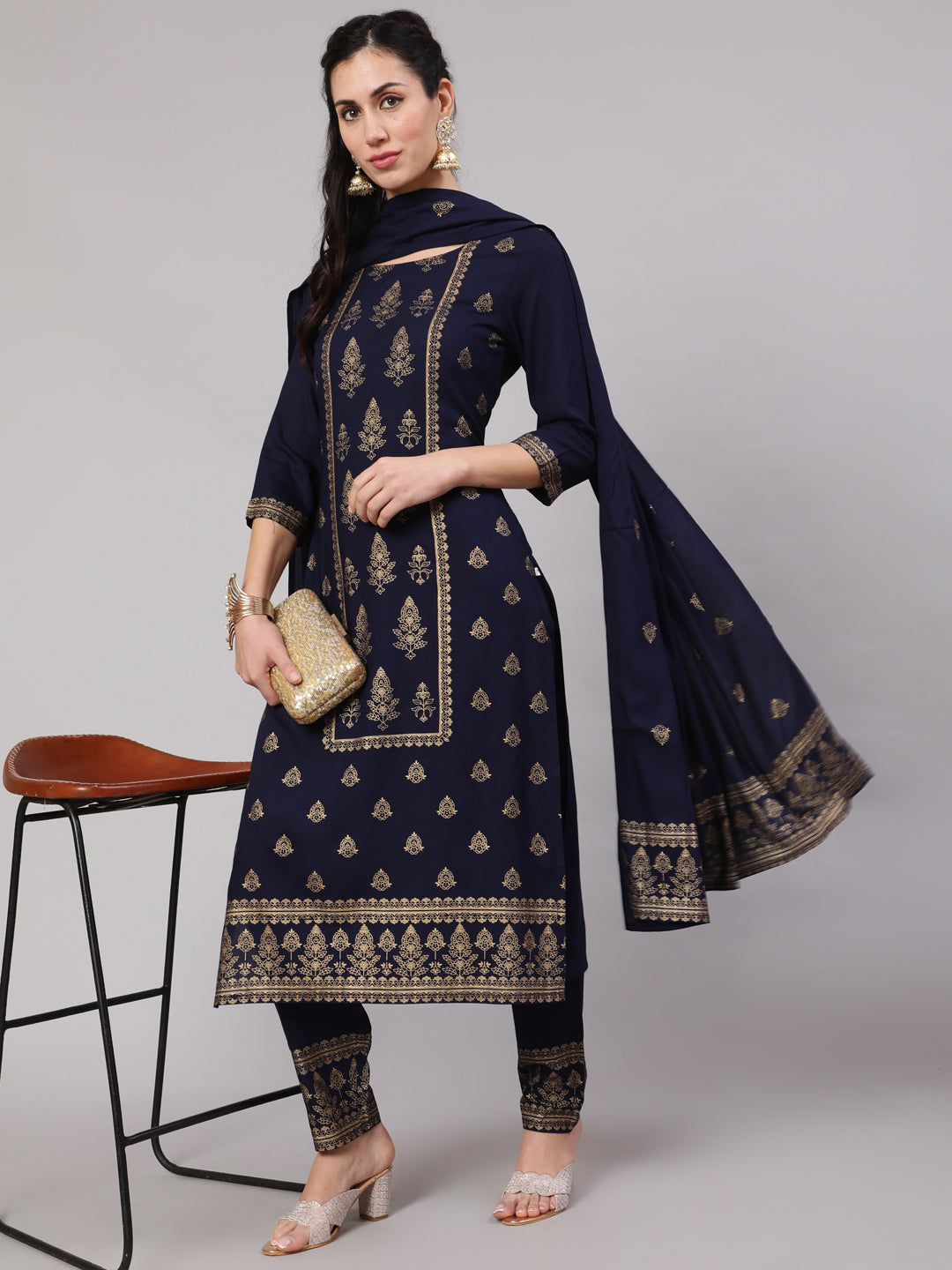 Women's Navy Blue Gold Printed Kurta & Pant With Dupatta - Aks