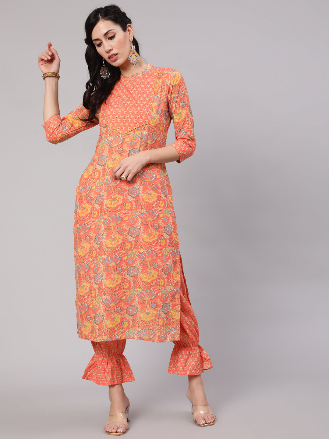 Women's Peach & Yellow Floral Printed Straight Kurta With Balloon Pant Set - Aks