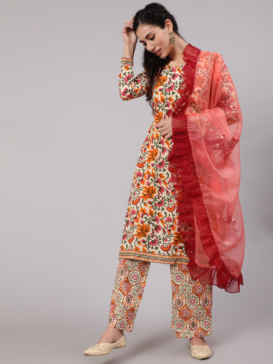 Women's Multi Colour Floral Printed Straight Kurta & Embroidered  Palazzo With Dupatta Set - Aks