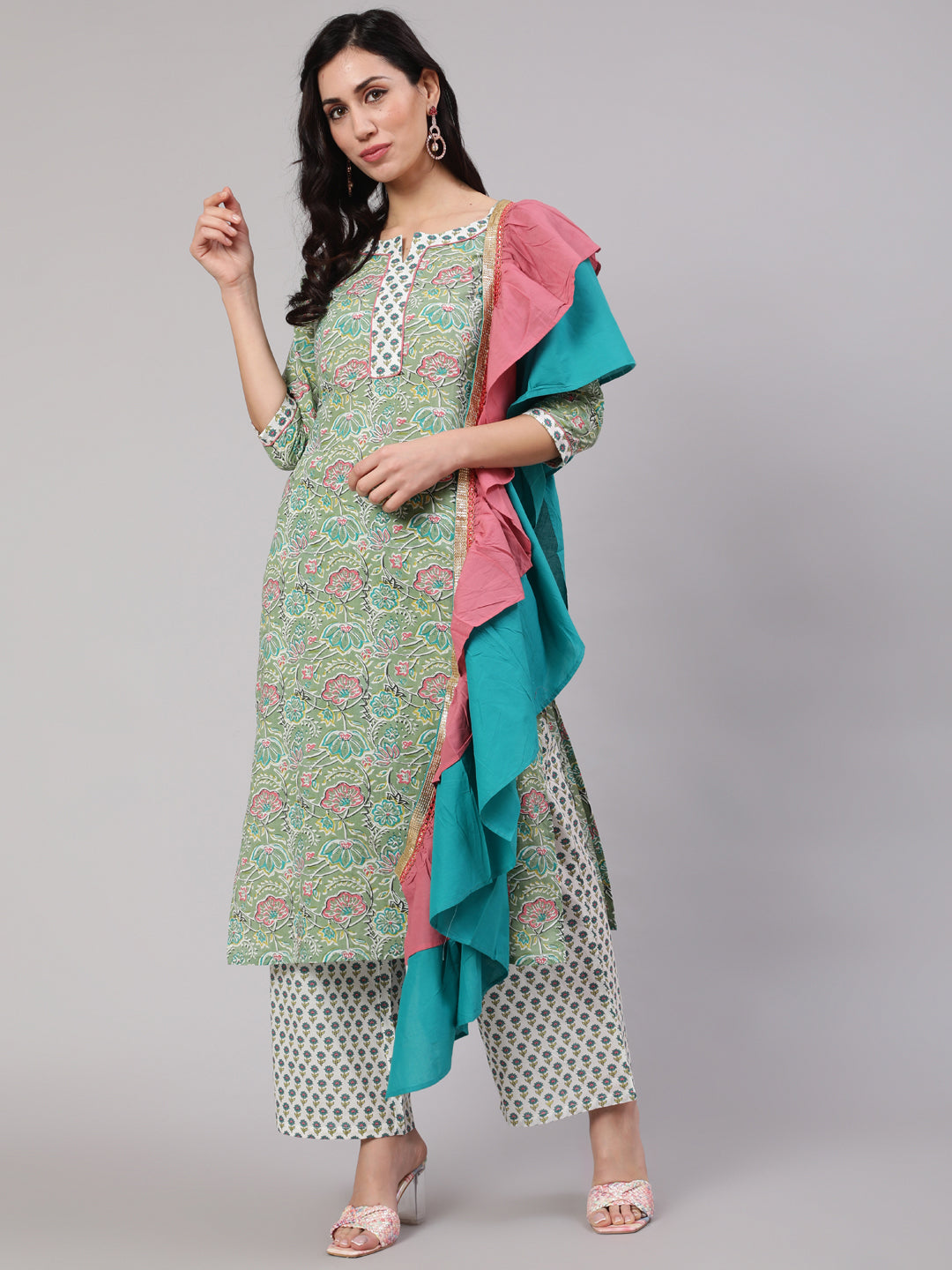 Women's Green & White Floral Printed Straight Kurta & Palazzo With Ruffle Dupatta - Aks