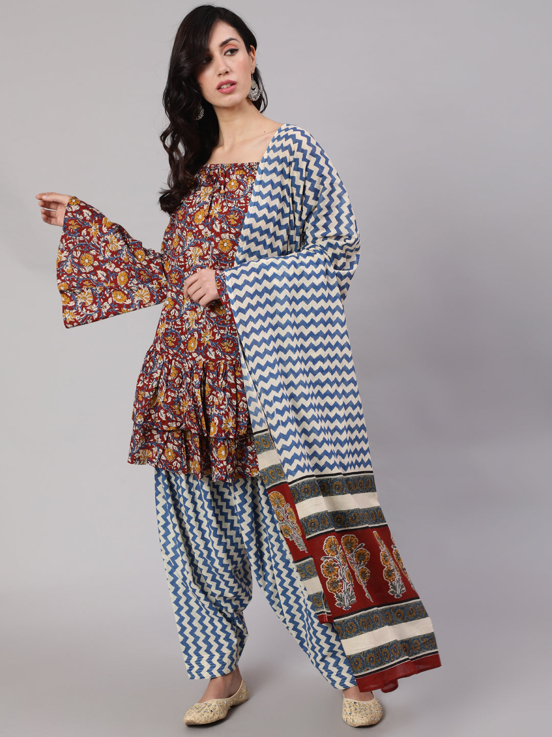 Women's Maroon Kalamkari Printed Kurta & Blue Printed Salwar With Dupatta Set - Aks