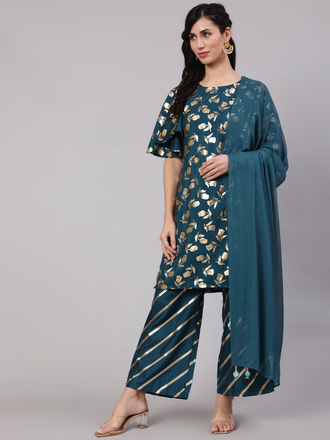 Women's Blue Gold Foil Printed Short Kurta & Palazzo With Dupatta Set - Aks