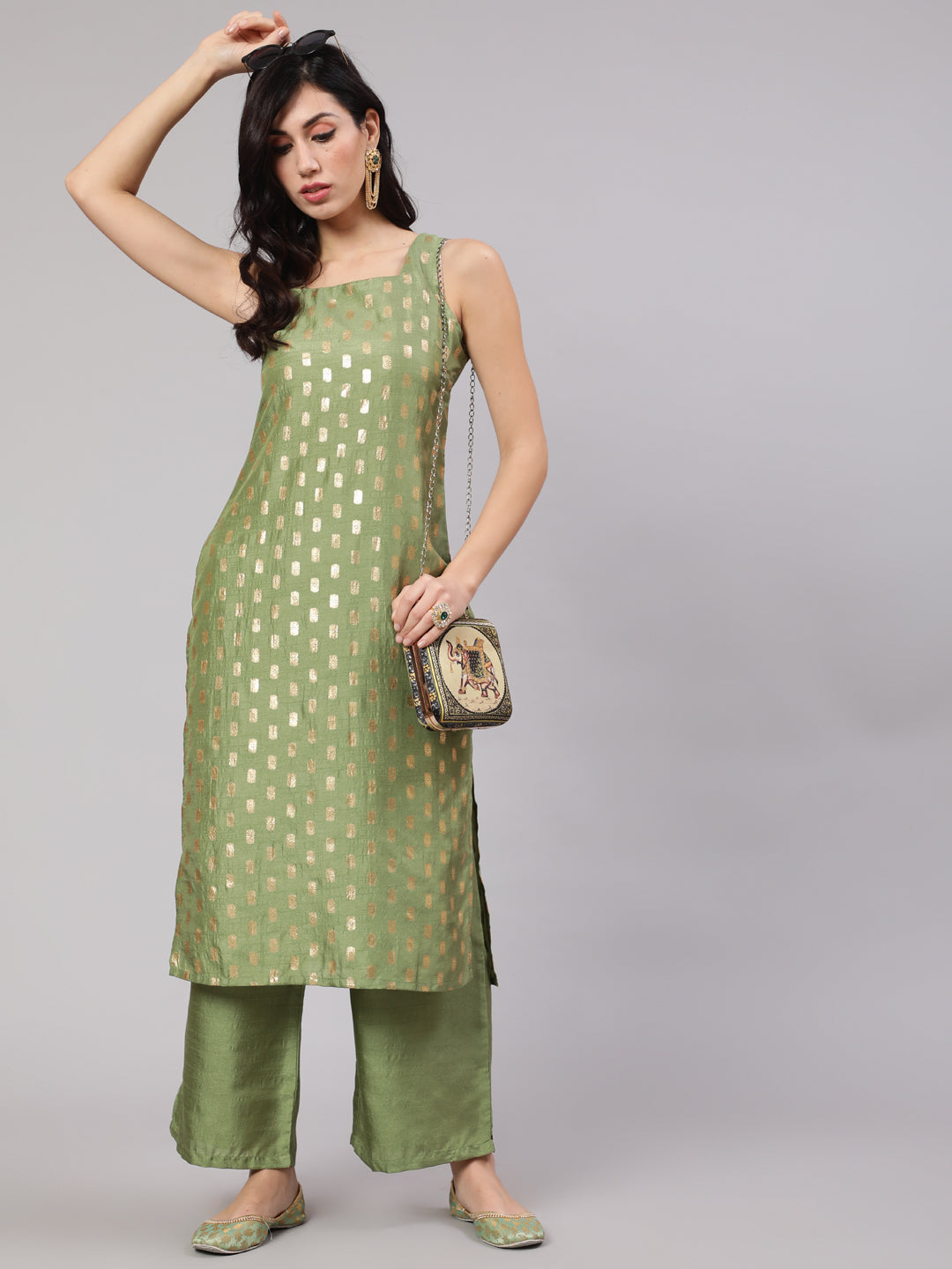 Women's Green Gold Foil Printed  Straight Kurta With Palazzo  - Aks