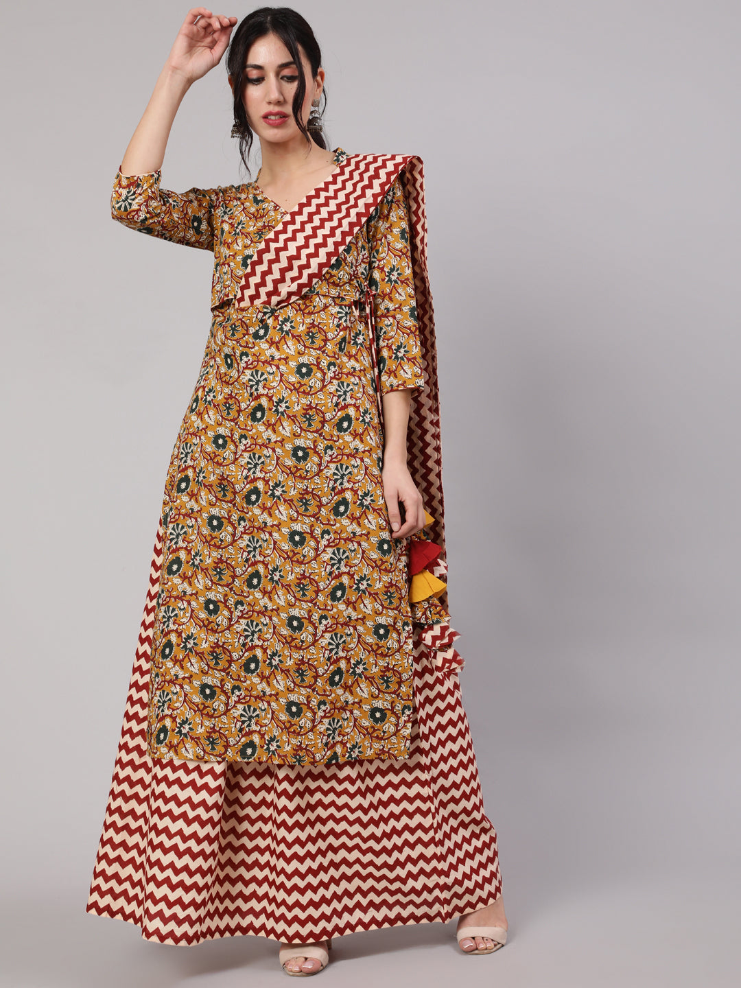 Women's Mustard & Maroon Floral Printed Kurta & Skirt With Dupatta - Aks