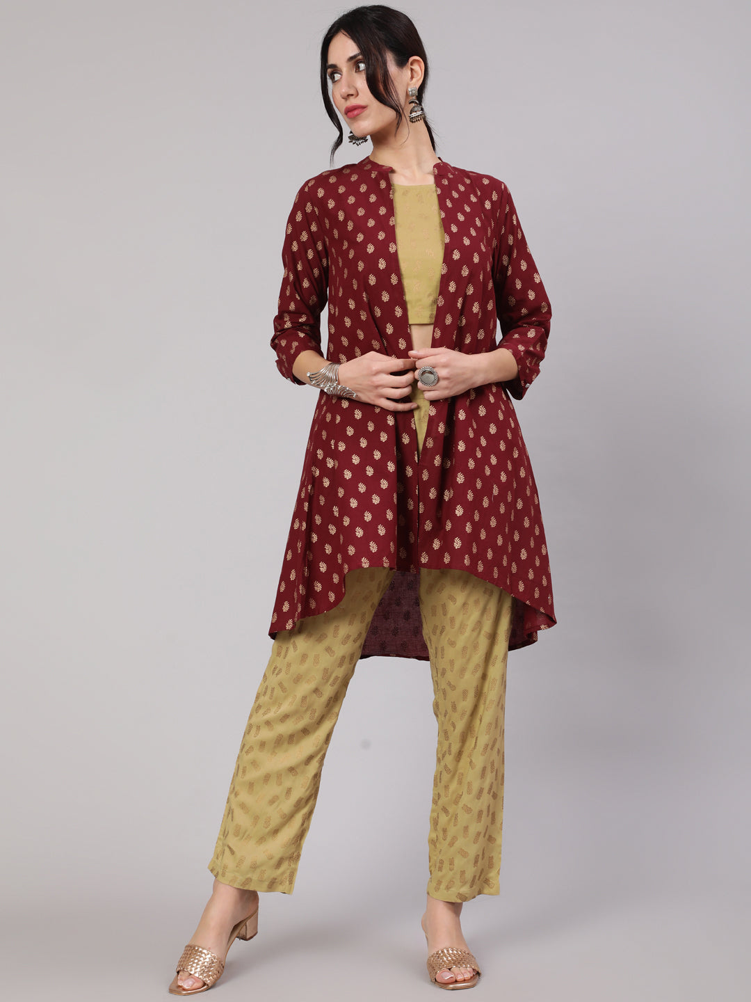 Women's Beige & Maroon Gold Printed Top & Palazzo With Jacket Set - Aks