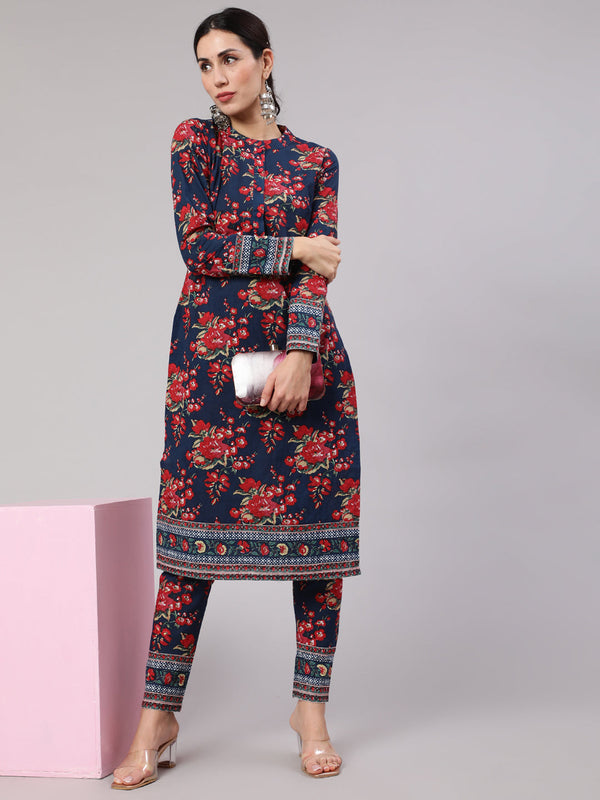 Women's Navy Blue Floral Print Straight Kurta With Pant - Aks