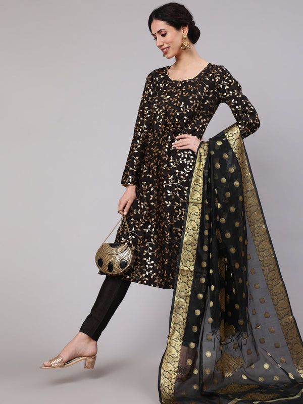 Women's Black Foil Printed Kurta Pant With Dupatta - Aks