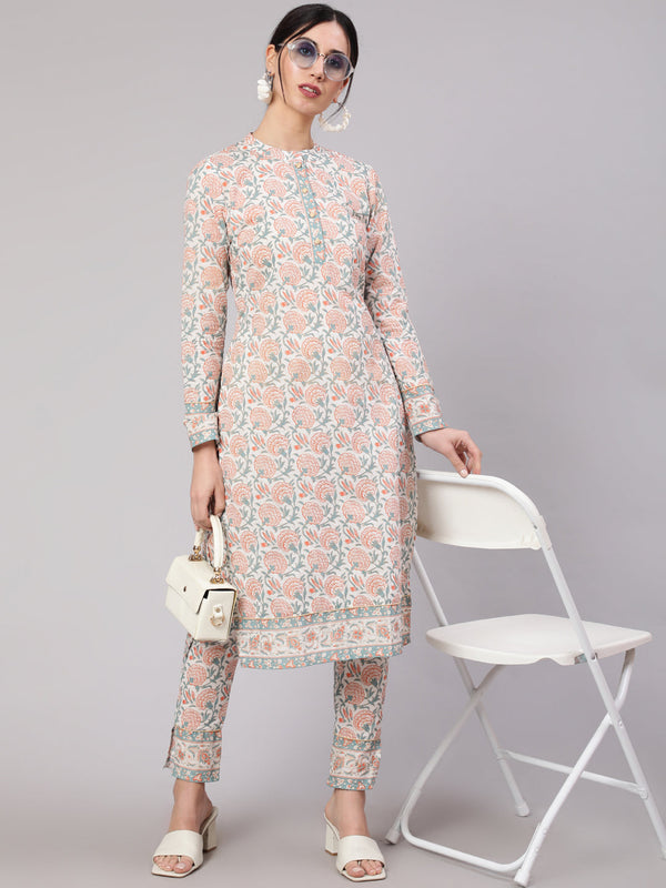 Women's White Floral Print Cotton Kurta Set - Aks