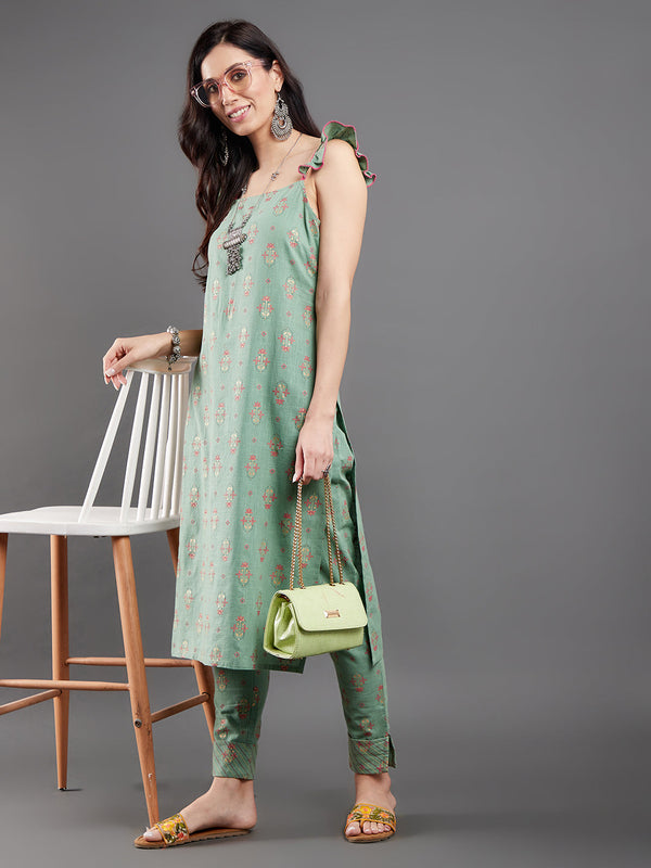 Women's Sea Green Floral Print Kurta With Pant - Aks