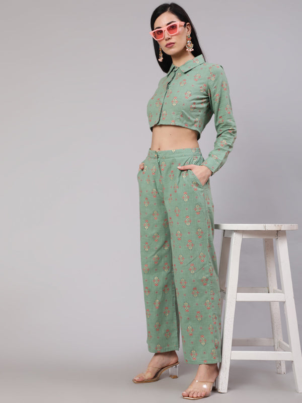 Women's Sea Green Floral Print Co Ord Set - Aks