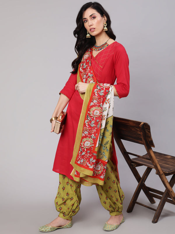 Women's Red Straight Kurta Balloon Palazzo With Dupatta - Aks