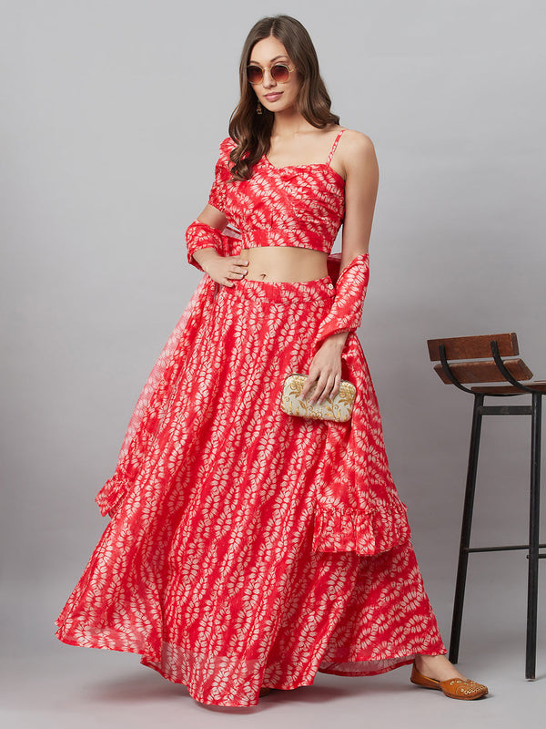 Women's Red Printed Lehenga Choli With Dupatta - Aks