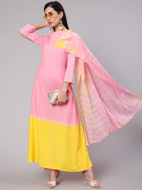 Women's Pink & Yellow Kurta Palazzo With Dupatta - Aks