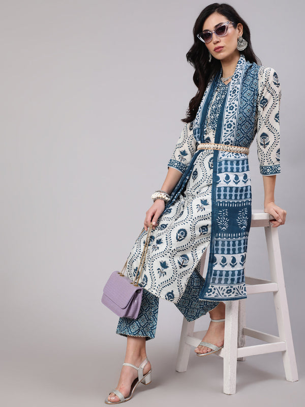 Women's Blue & White Printed Kurta Palazzo With Dupatta - Aks