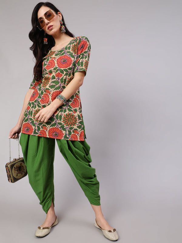 Women's Beige Floral Print Kurta With Dhoti Pant - Aks