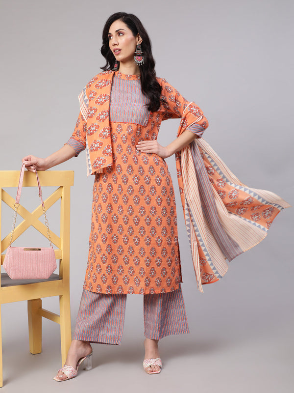 Women's Peach Printed Kurta Palazzo With Dupatta - Aks