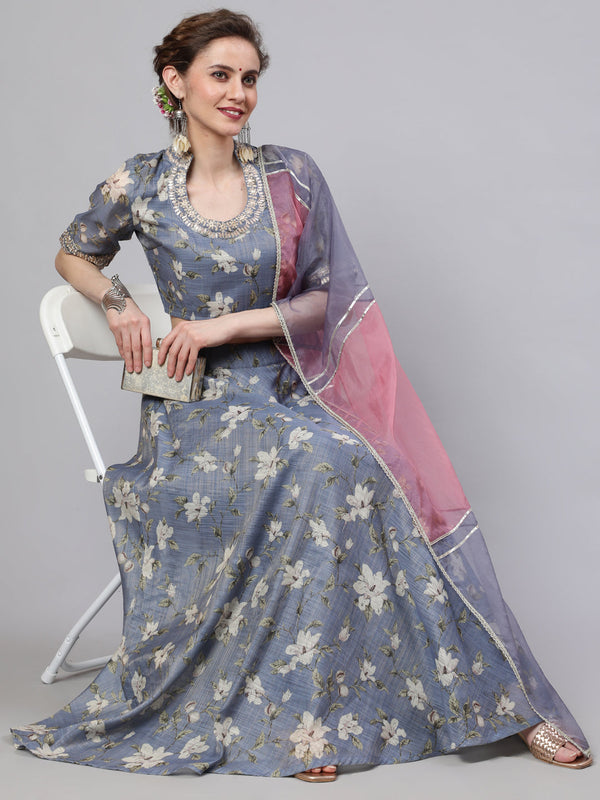 Women's Grey Floral Print Lehenga Choli With Dupatta - Aks