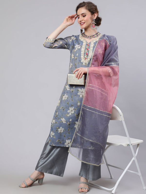 Women's Grey Floral Print Kurta Palazzo With Dupatta - Aks