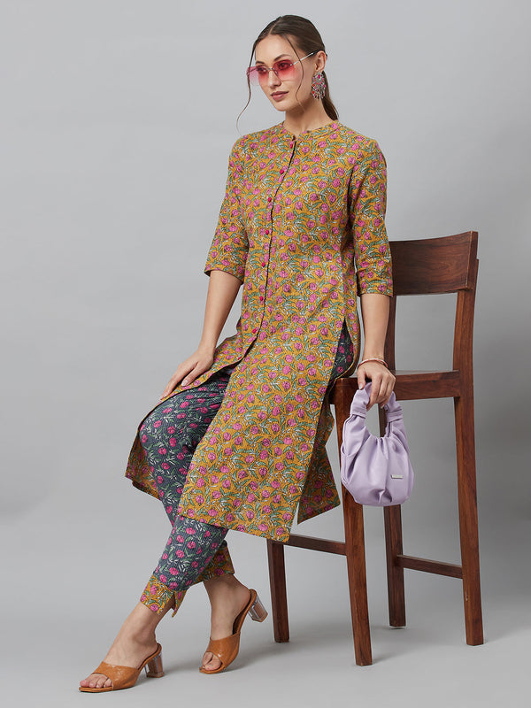 Women's Mustard Floral Print Button Down Cotton Kurta Set - Aks