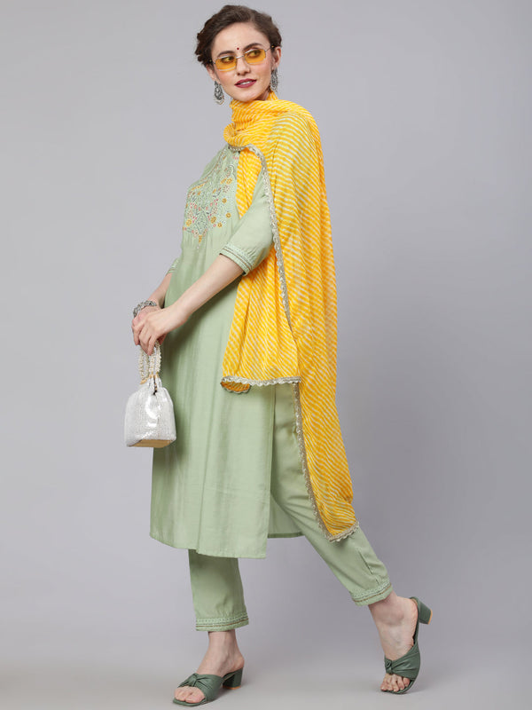 Women's Pastel Green Embroidered Kurta Pant With Dupatta - Aks