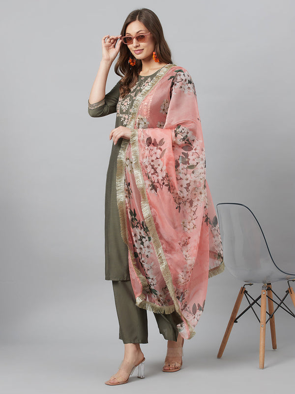 Women's Grey Embroidered Kurta Palazzo With Dupatta - Aks