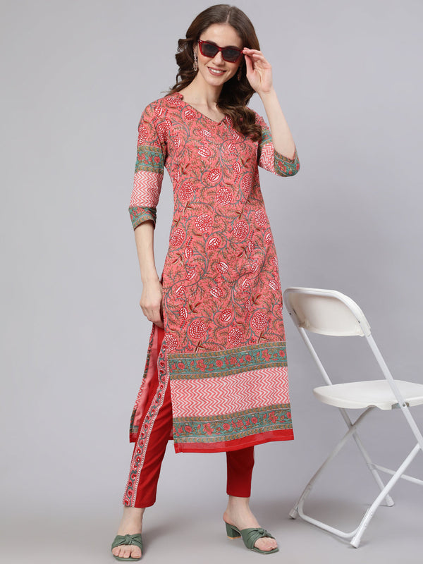 Women's Pink Floral Print Kurta With Pant - Aks