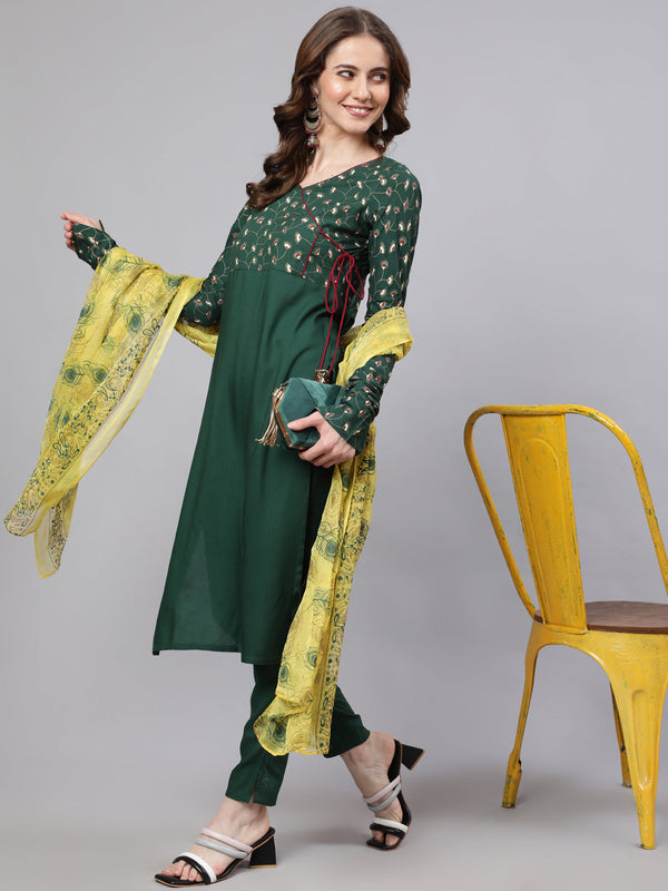 Women's Green Printed Kurta Pant With Dupatta - Aks