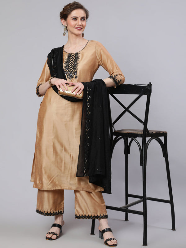 Women's Beige Embroidered Kurta Palazzo With Dupatta - Aks