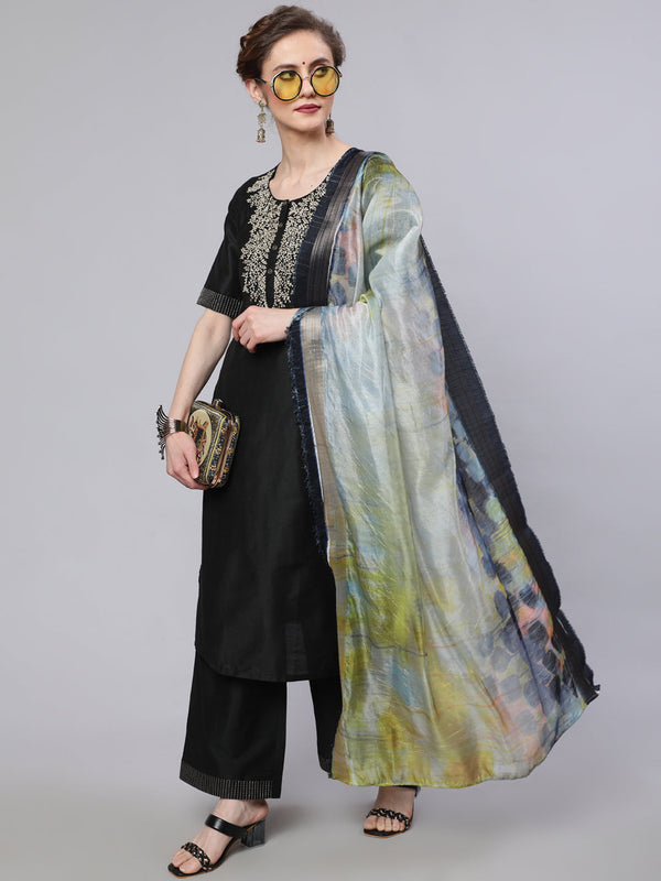 Women's Black Embroidered Kurta Palazzo With Dupatta - Aks