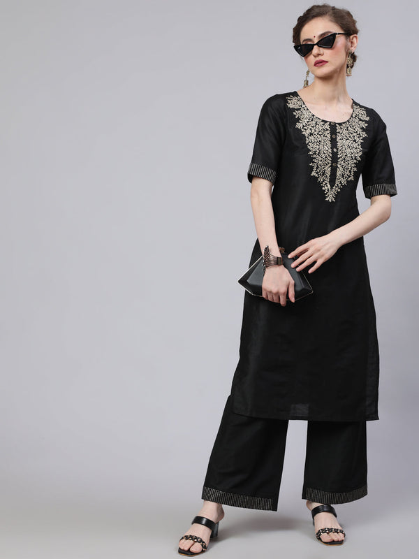 Women's Black Embroidered Kurta With Palazzo - Aks